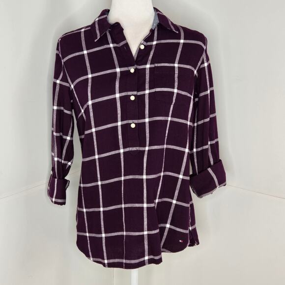 Tommy Hilfiger NWT Bordeaux Plaid collared shirt 1/2 button down Small purple - Picture 1 of 16